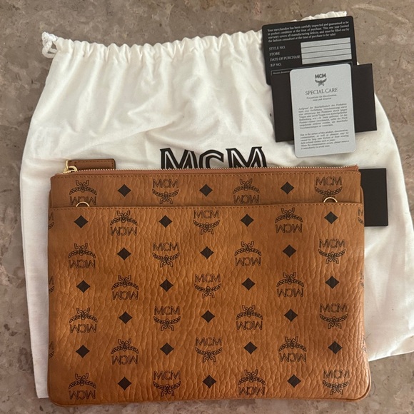 MCM Handbags - MCM Tan Visetos Logo Pouch